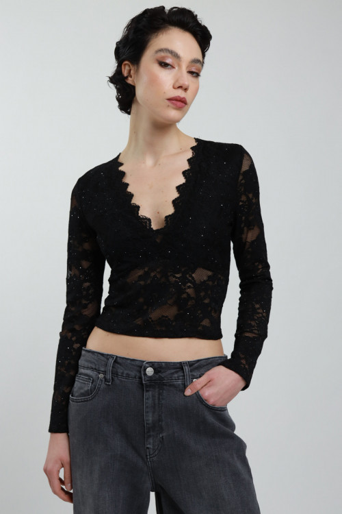 Susy Mix Maglia Pizzo Scollo V con Paillettes Pezzi Unici