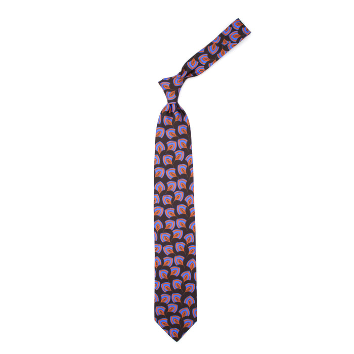 Ulturale Cravatta marrone con pattern astratto azzurro e arancione in seta – Ulturale Presa