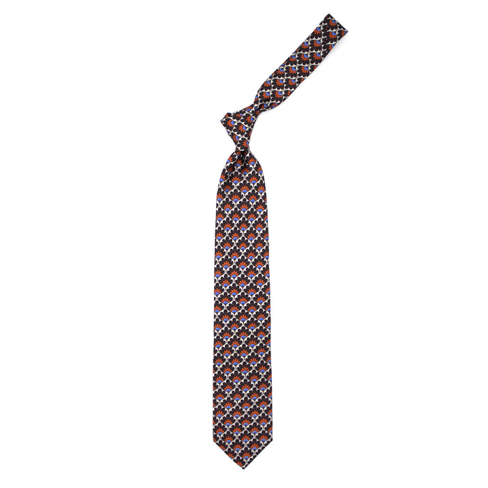 Ulturale Cravatta con pattern a ventaglio floreale marrone arancione e azzurro in seta – Ulturale In Vendita