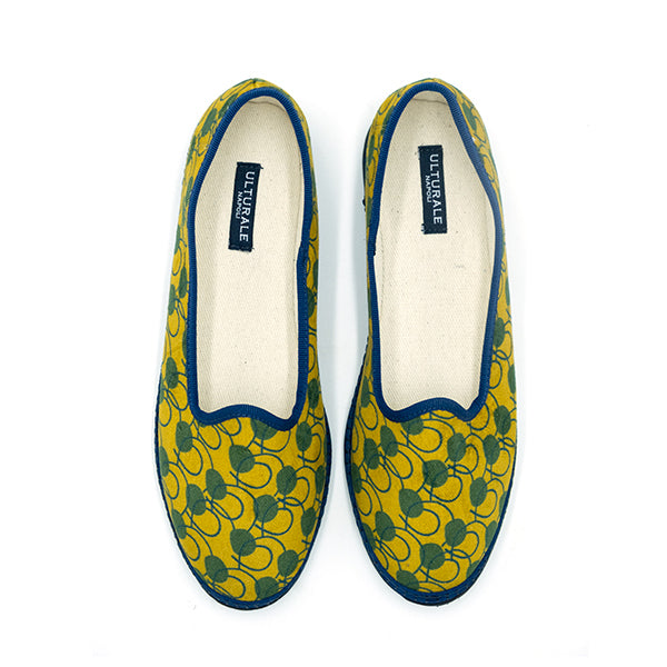 Ulturale Furlane con pattern astratto giallo e verde e bordo blu in 100% velluto di cotone - Ulturale Offerte
