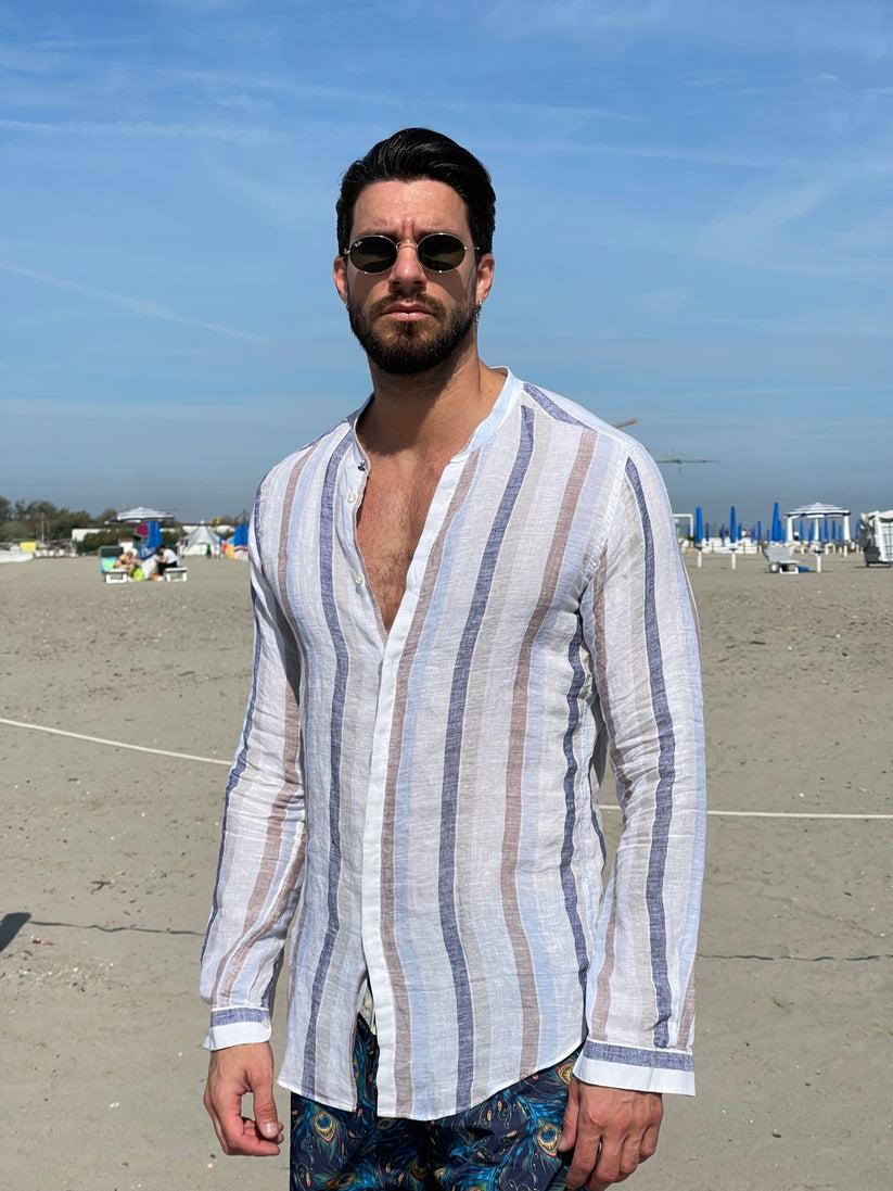 Underground Couture Camicia Lino Coreana Riga Saldi Di Fabbrica