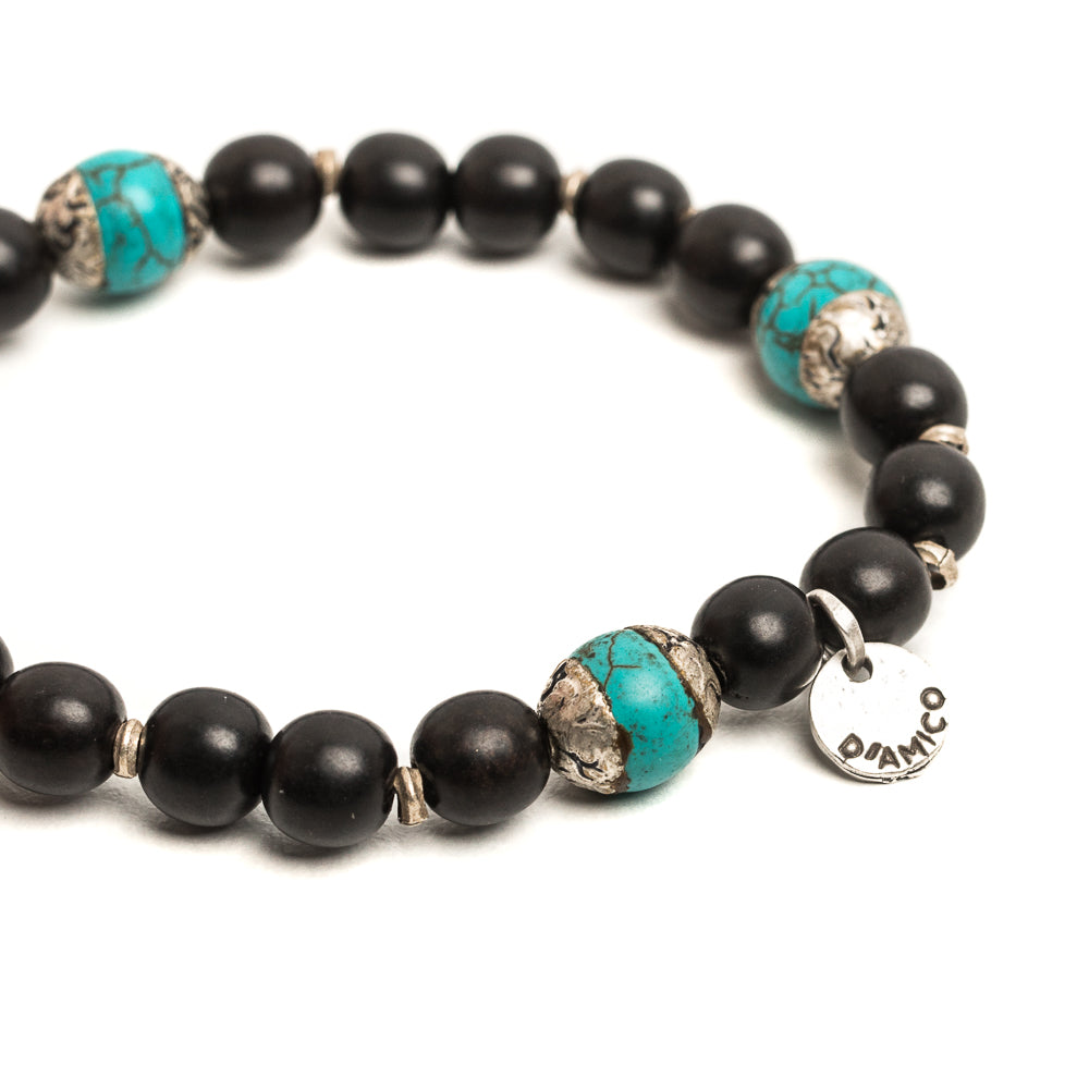 D'AMICO Bracciale Ameya + Elastico Legno Nero + Turchese Consegna Veloce