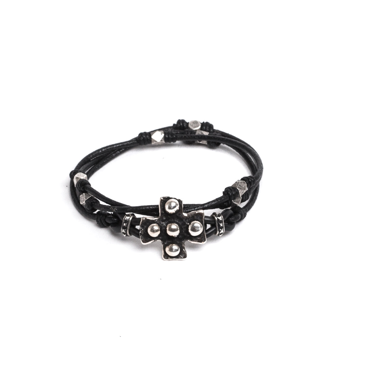 D'AMICO Bracciale Cuoio + Croce Palline e Pepite Presa