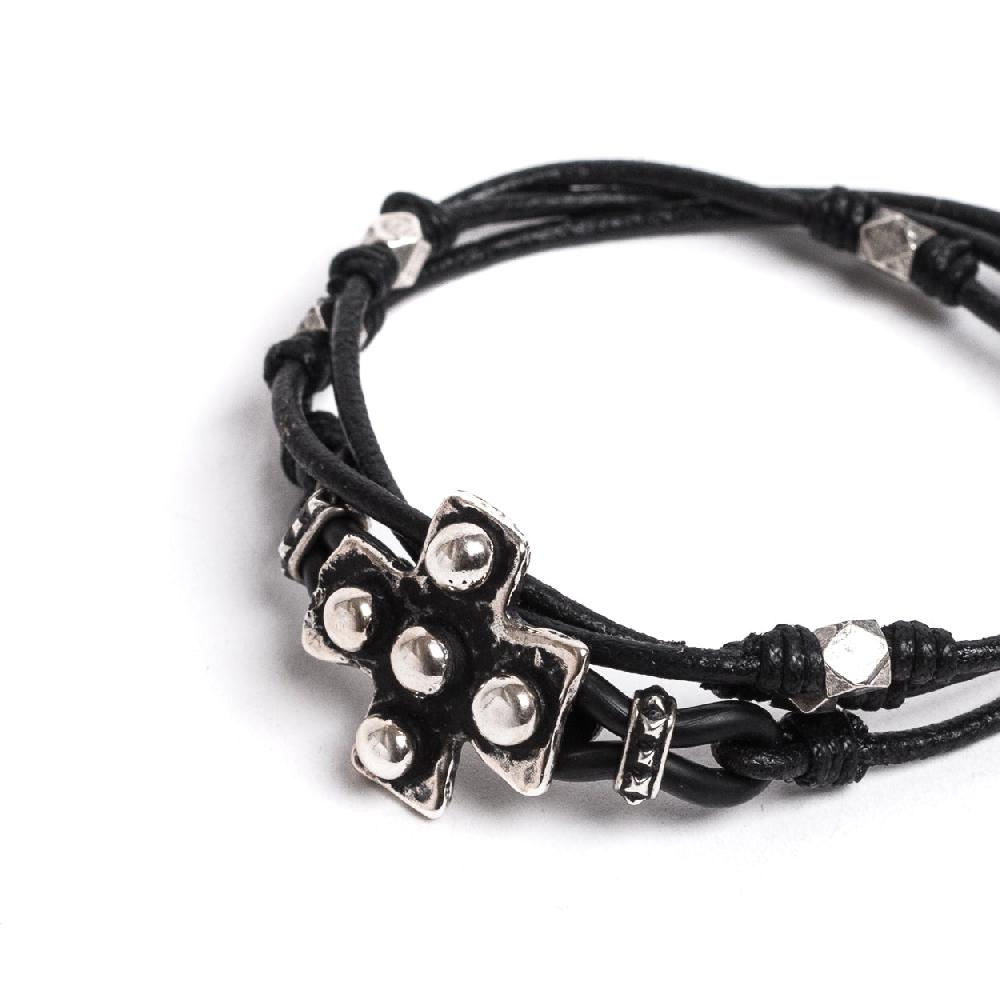 D'AMICO Bracciale Cuoio + Croce Palline e Pepite Presa