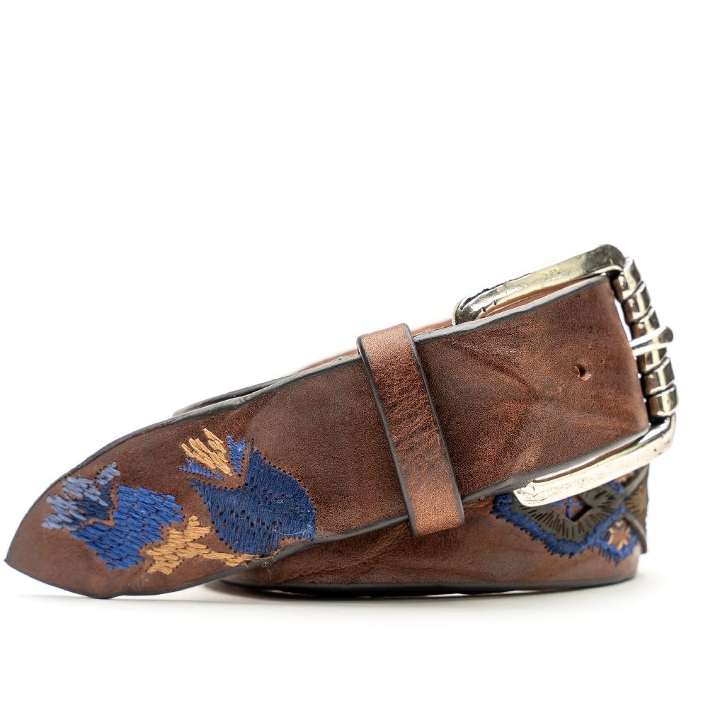 D'AMICO Cintura Cuoio Vintage Brown Floral Blue Promozione Limitata
